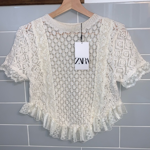 NWT Zara Pointelle Ruffle Knit Top - Picture 5 of 17